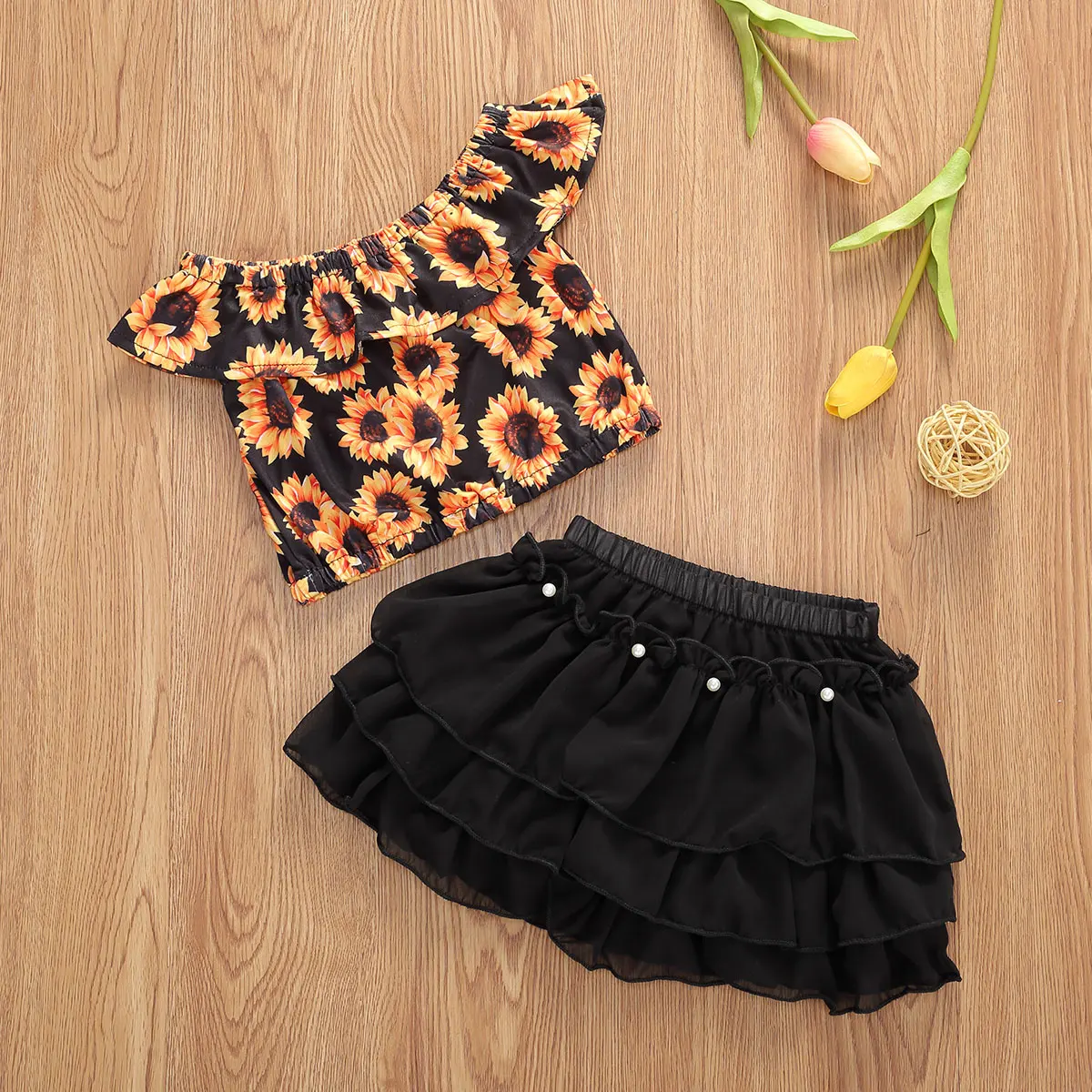 Одежда для новорожденных девочек топы с открытыми плечами и рисунком подсолнуха