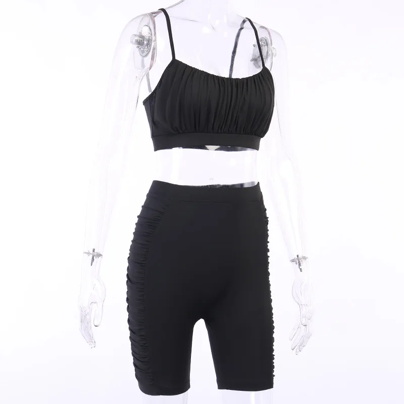 

2020 Summer Two Piece Set Top and Pants Solid Color Slim Sports Suit Women Pleated Suspenders Shorts Casual Outfits MD0169