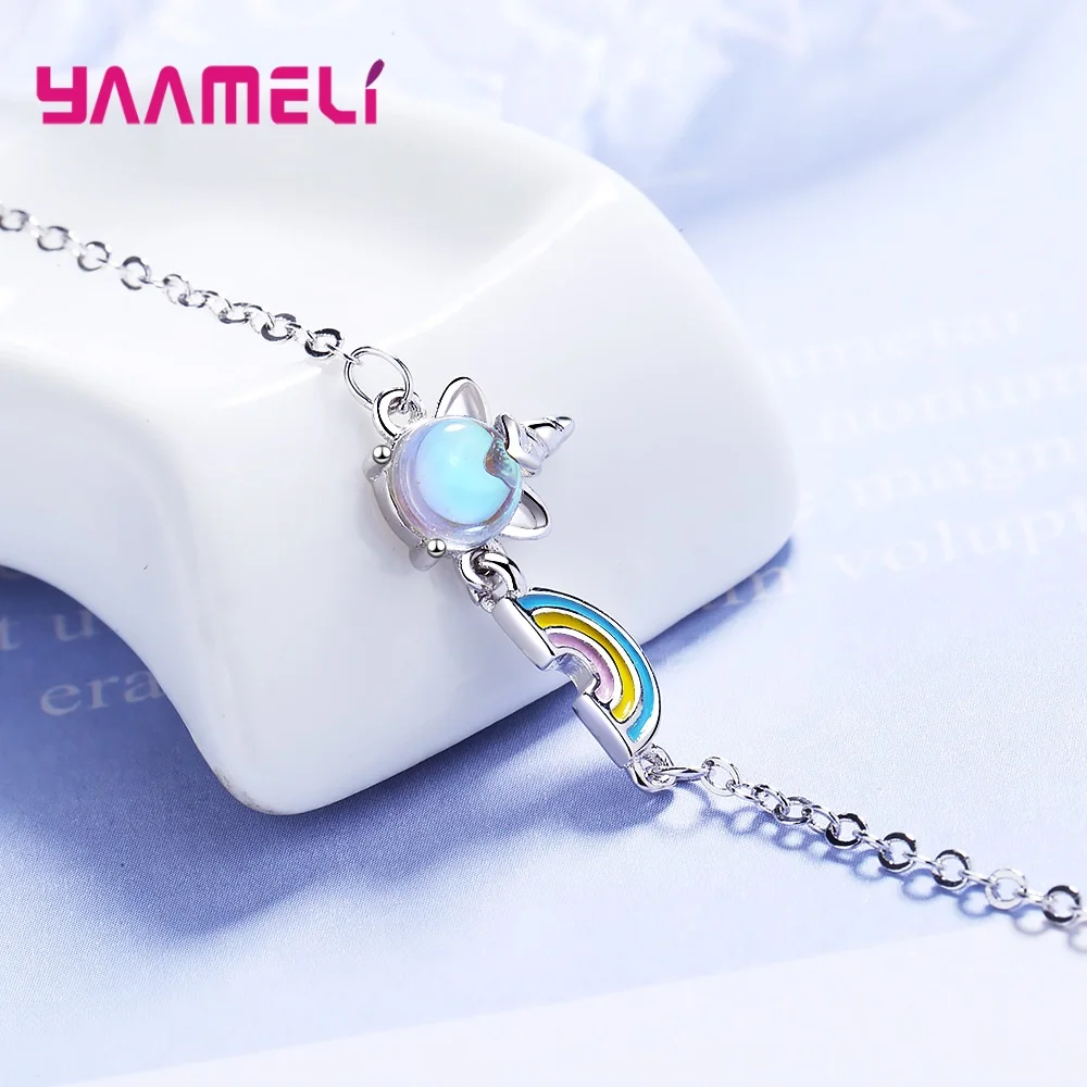 Новинка 2020 женские 925 пробы серебряный единорог радуга регулируемые браслеты