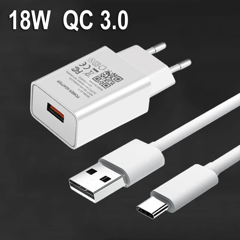 

QC 3.0 Fast Phone Charger EU Plug For Xiaomi A2 A3 10 8 9 SE Redmi 8A Note 10 S 9T 8T 9 8 7 Pro Phone Power Type-c USB Cable