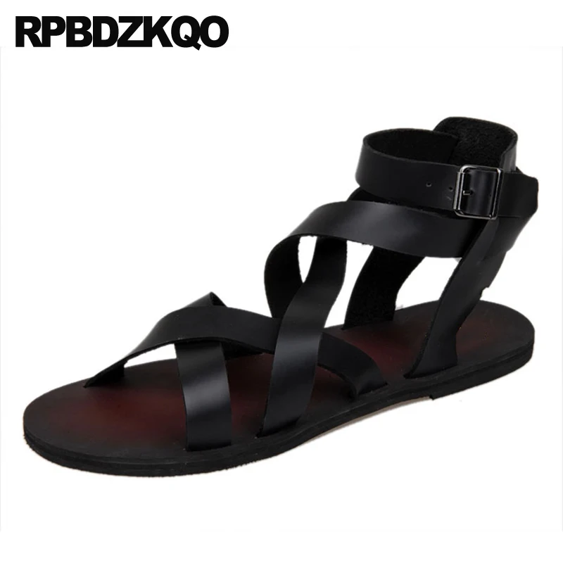 Real Genuine Leather Men Gladiator Sandals Summer Boots Burgundy Ankle Strap Beach Breathable Flat Roman 2023 Shoes Open Toe