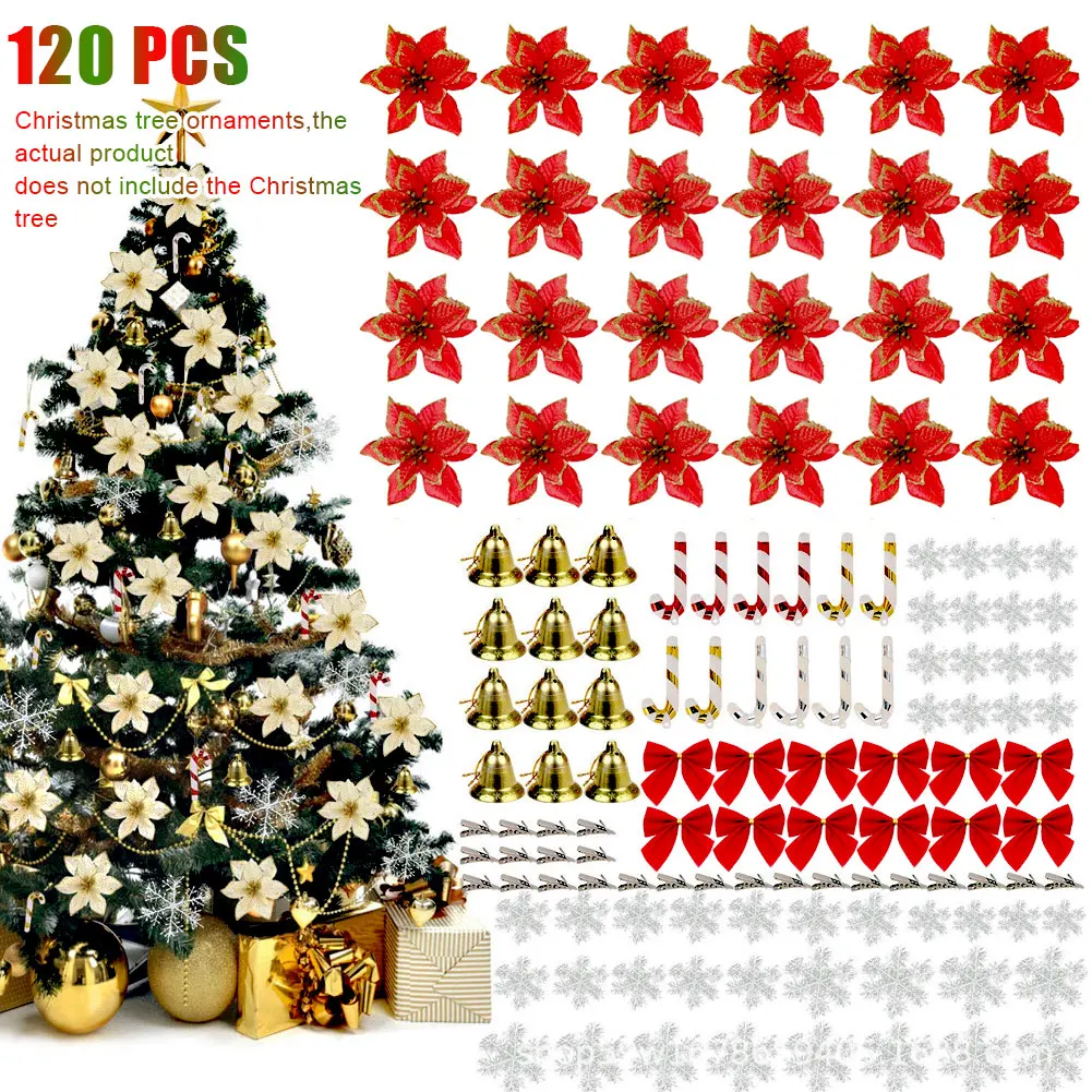 Новогодний набор из 120 штук украшений для ёлки: блестящие золотые цветы, снежинки и колокольчики для оформления дома на вечеринке или Новый год.