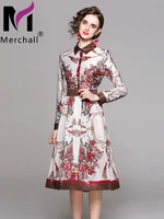 merchall women vintage shirt dress spring elegant turn down collar long sleeve single breasted flower print party dresses m78634