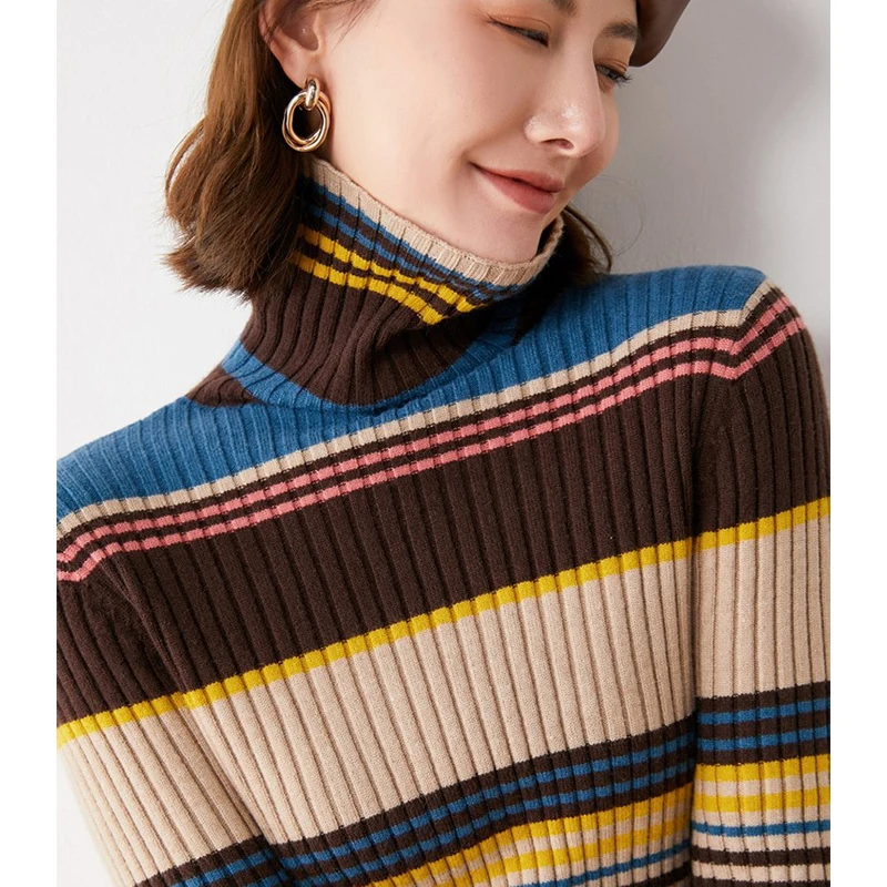 

Женский шерстяной свитер в полоску, вязаный облегающий пуловер с длинным рукавом и высоким воротником, корейский стиль, осень 2021