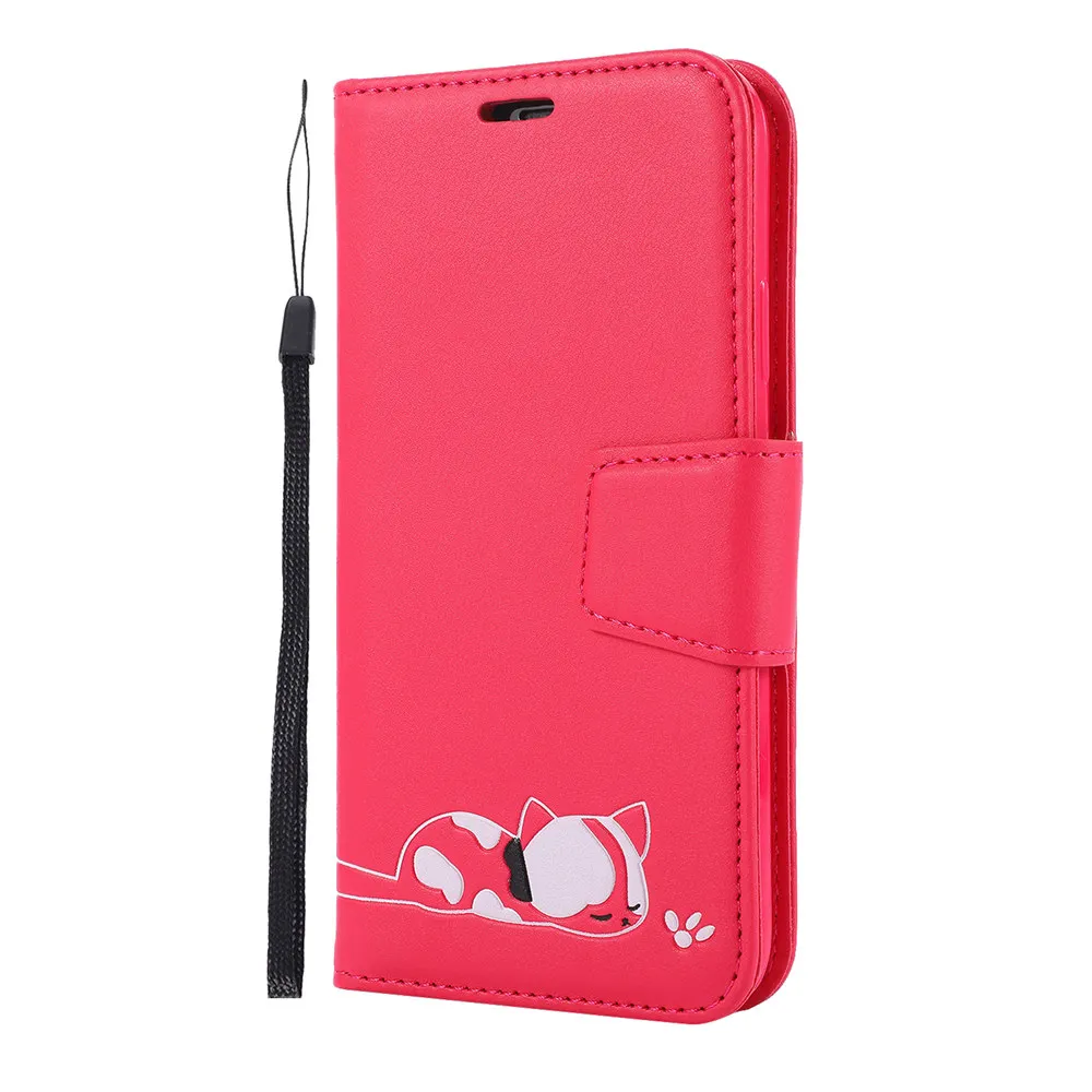 Hot Pink Роскошная Кожаная Обложка для книги чехол для huawei P20 P30 Honor 20 Pro 10 Lite P Smart 8A Y6 Y7 Sleepy Cat Flip Shell - Цвет: Hot Pink