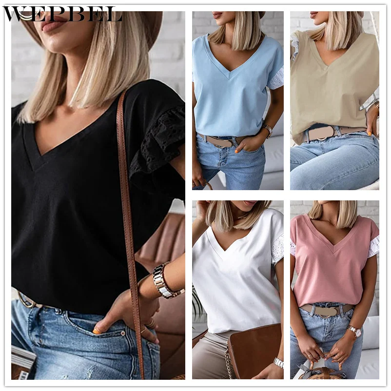 

Mandylandy Women Summer Fashion Shirt Top Lady Casual Solid Color Short Ruffle Sleeve V Neck Loose T-shirt Blouse Plus Size
