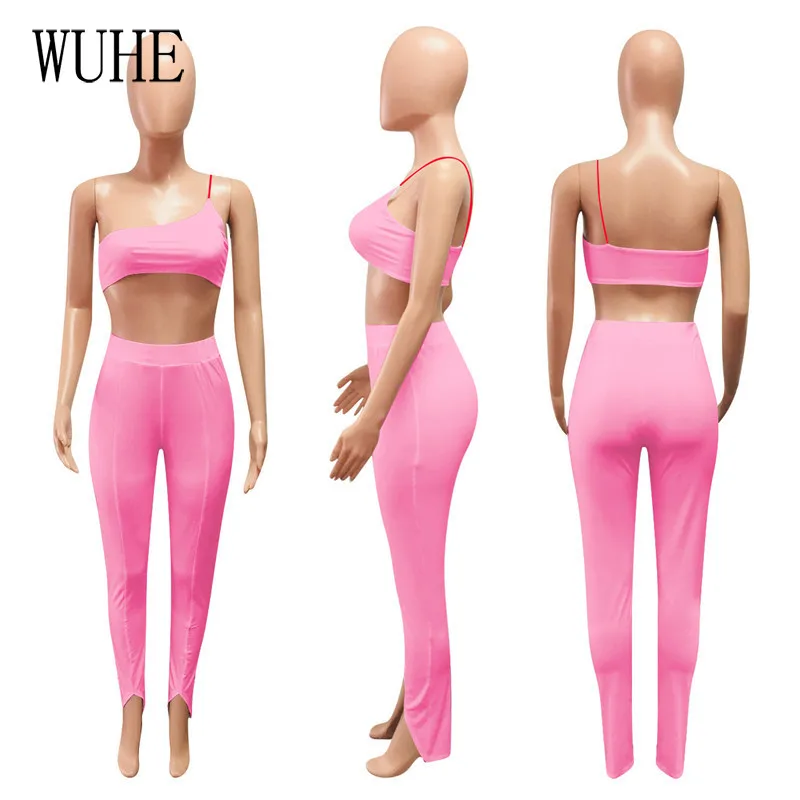 

WUHE Tracksuit Two Piece Breast Wrap Sleeveless Off Shoulder Spaghetti Strap Top and Mermaid Skinny Pants Sports Fitness Outfits