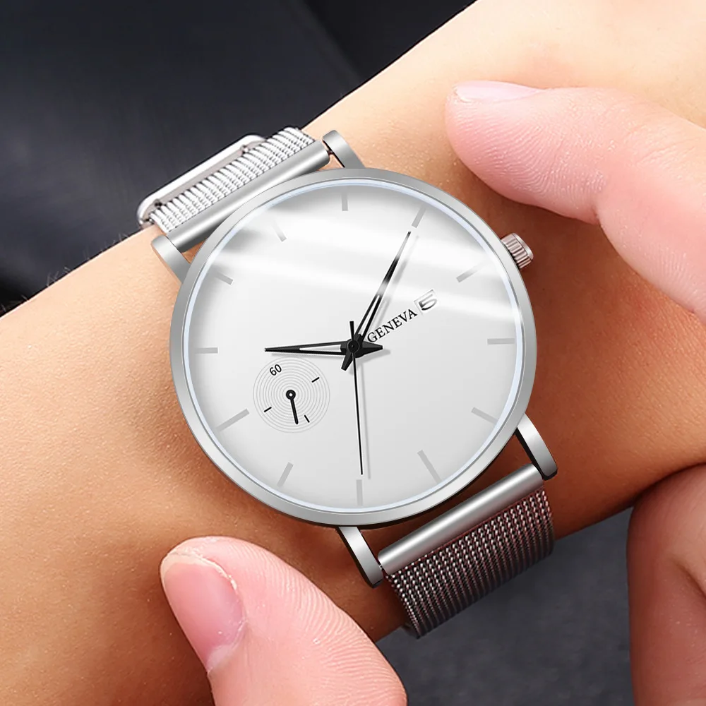 Модные мужские часы с тонким сетчатым ремешком минималистичные наручные для