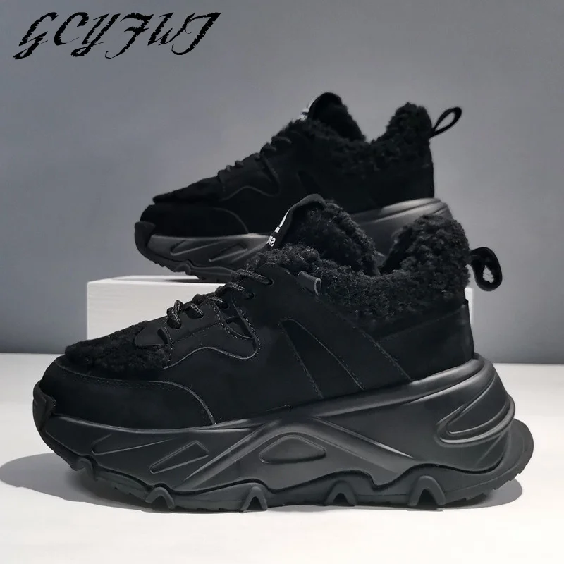 

Women Sneakers Winter Lace-Up Plush In Warmest Thick Bottom Women Shoes Shallow Cool Solid Color Flat Platform Zapatillas Mujer