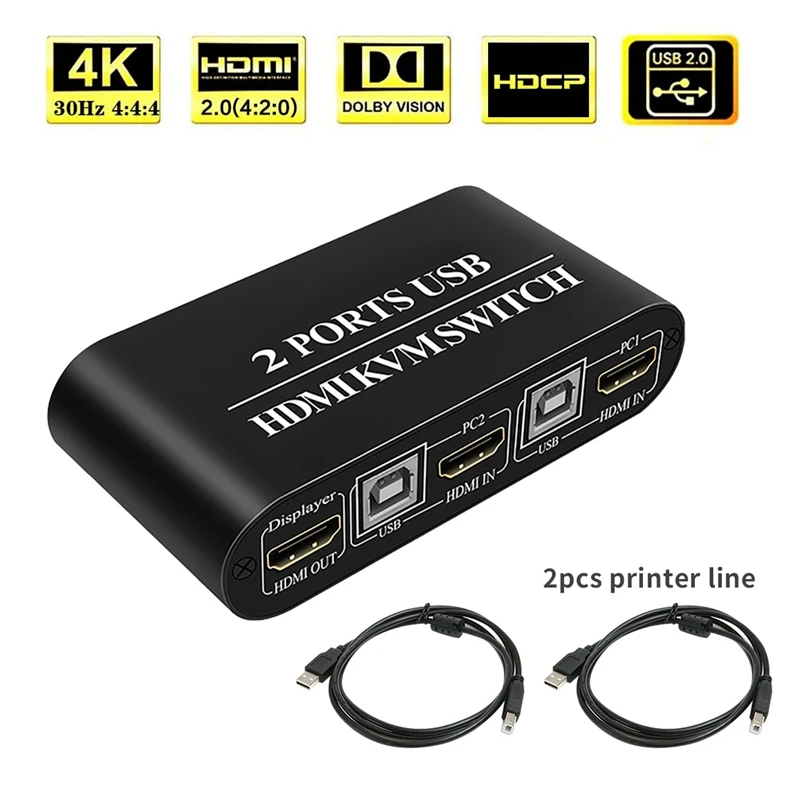 

HDMI KVM-переключатель, 2 порта, совместное использование, 2 компьютера, Поддержка порта 3X USB3.0, беспроводное подключение клавиатуры и мыши HUD 4K (...