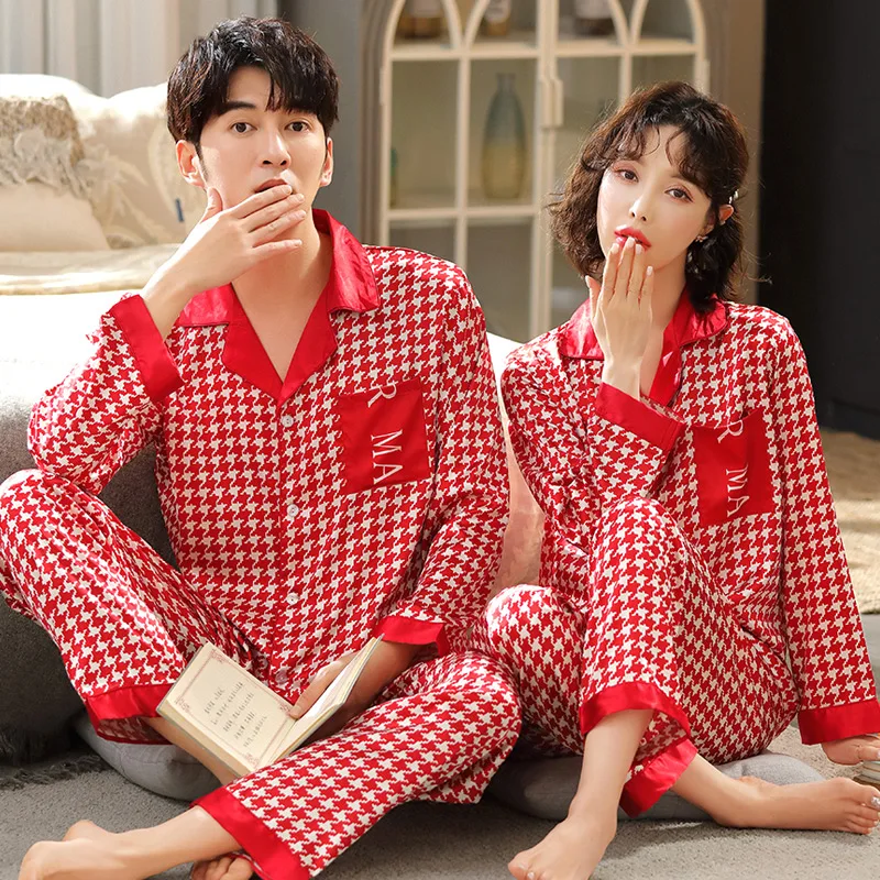 Couples Ice Pajamas Womens Spring and Autumn Bridal Wedding Sexy Two Piece Nightgown Japanese Mens Silk Suit Summer