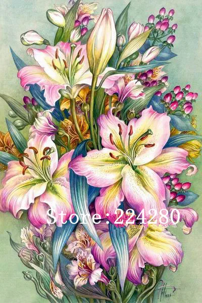 

Needlework Cross stitch,Oil painting pink lily flower 14CT Unprinted Embroidery kits Arts Cross-Stitching,DIY Handmade Decor