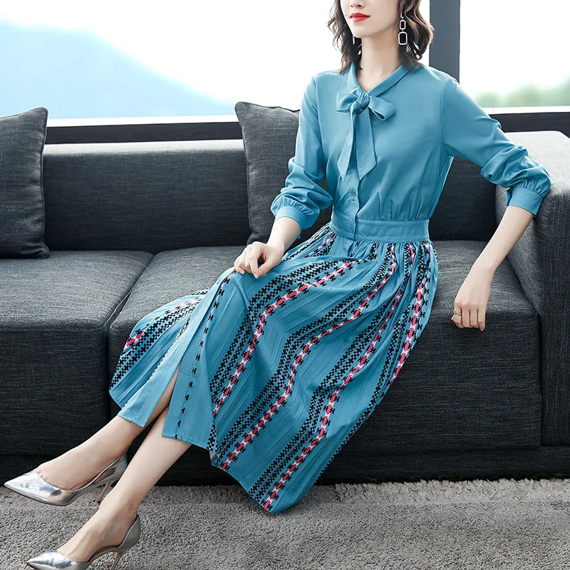 

Summer New Vintage Chiffon Women Dress Long Sleeve Lace-Up Printed Patchwork Fashion High Waist Single-Breasted Pleated Dress