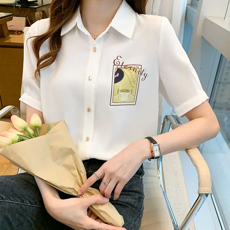 

2021 New Summer Women Blouses Casual Loose White Student Chiffon Shirts Fashion Elegant Office Lady Tops Female Clothes