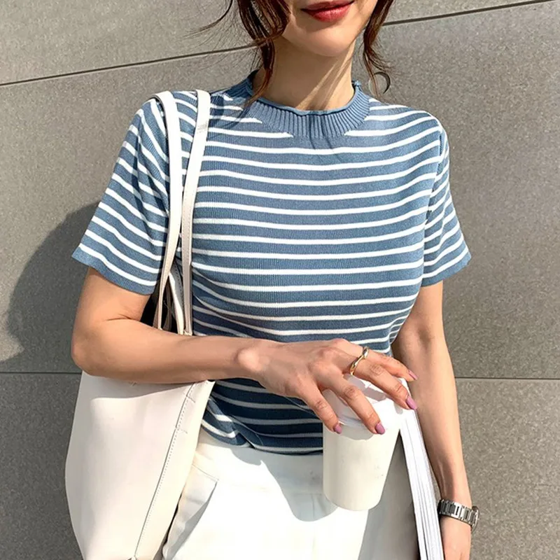 

Korean Round Neck Knitted T-Shirt Stripe Fresh and Fashionable Wild Casual Knitted Short-sleeved T-shirt Slim Fit Tops