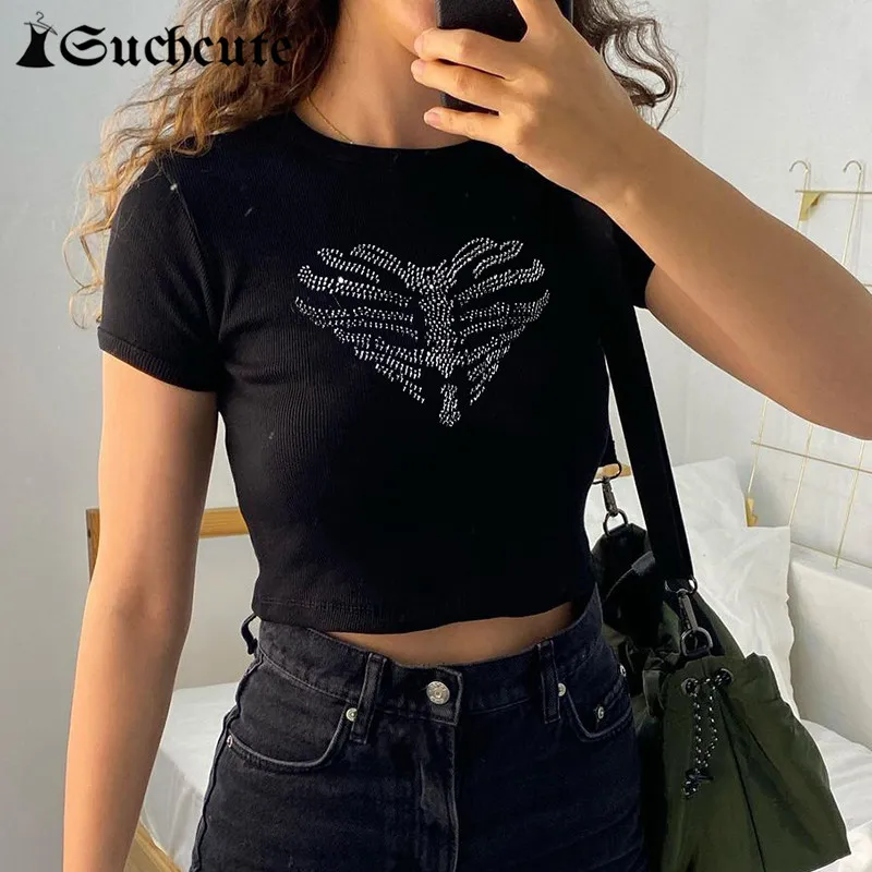 

Уличная одежда, летняя женская укороченная кофта, корейская мода, повседневная облегающая черная футболка с круглым вырезом, винтажные мил...