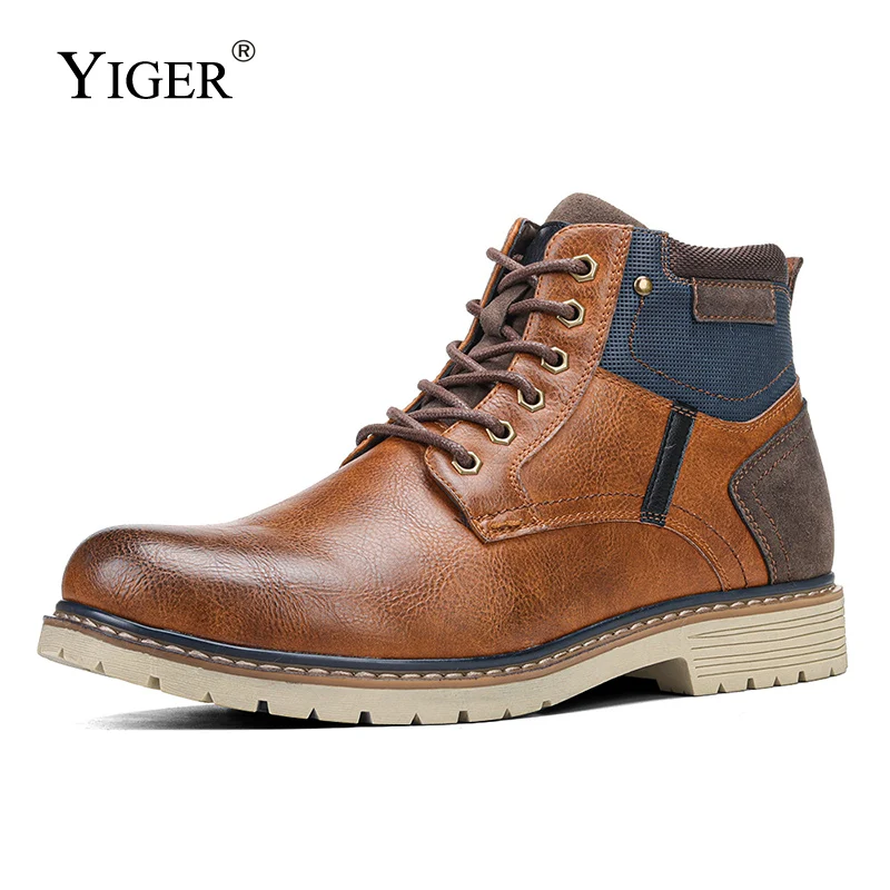 

Ботинки YIGER мужские зимние, винтажные берцы, искусственная шерсть, теплые, повседневные, до щиколотки, большие размеры