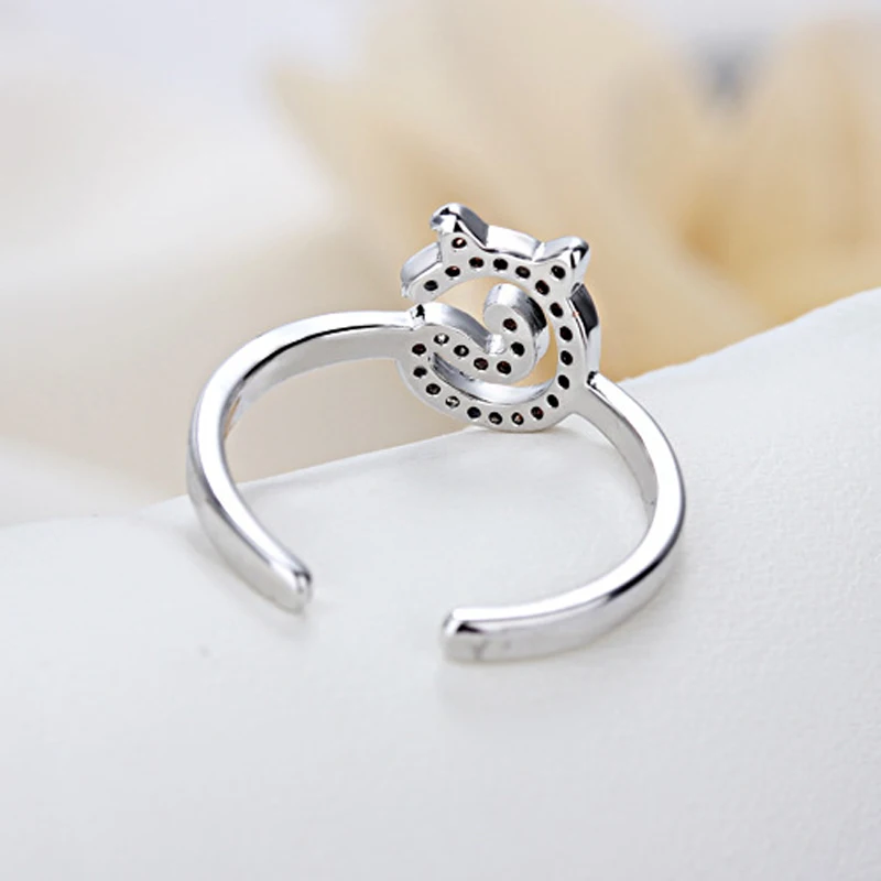 Hot Fashion 925 Sterling Silver Cute Cats Rhinestone Rings Open Resizable Elegant Cat Pattern Ring For Women&ampGirl Jewelry Gift |
