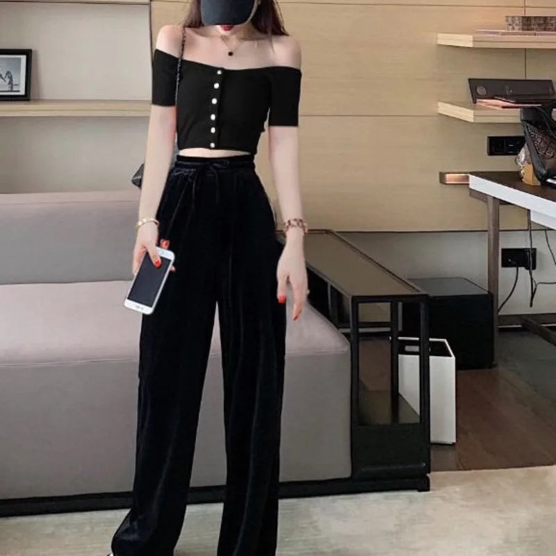 

WOMENGAGA Summer Slash Neck Off Shoulder Sexy Tops Korean Solid Color Short Sleeve Slim Open Navel Shirt For Women C9J4