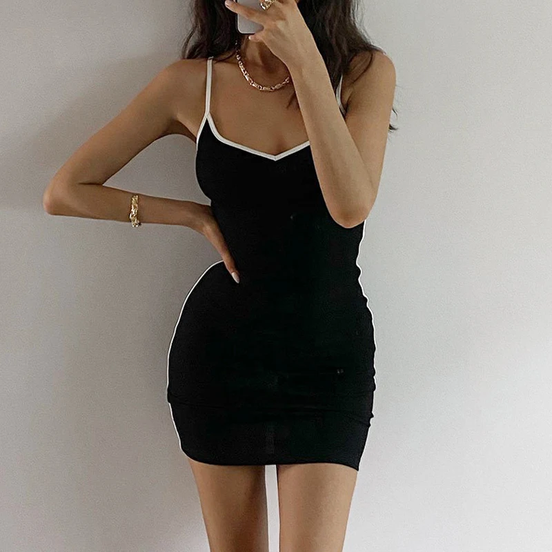 

IAMSURE Sexy Slim Contrasted Color Mini Dress Women 2021 Summer Sleeveless Camisoles Dresses Casual Streetwear Korean Style Y2K
