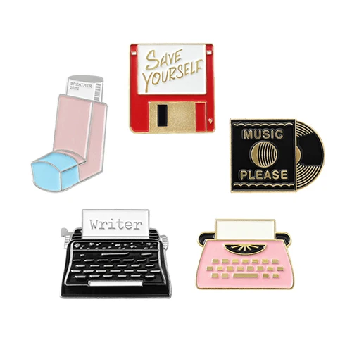 SET Персональные Офисные инструменты брошь блестящая USB память сетевой диск музыка запись факс машина Принтер эмаль штифт пальто крышка значок подарки - Окраска металла: SET
