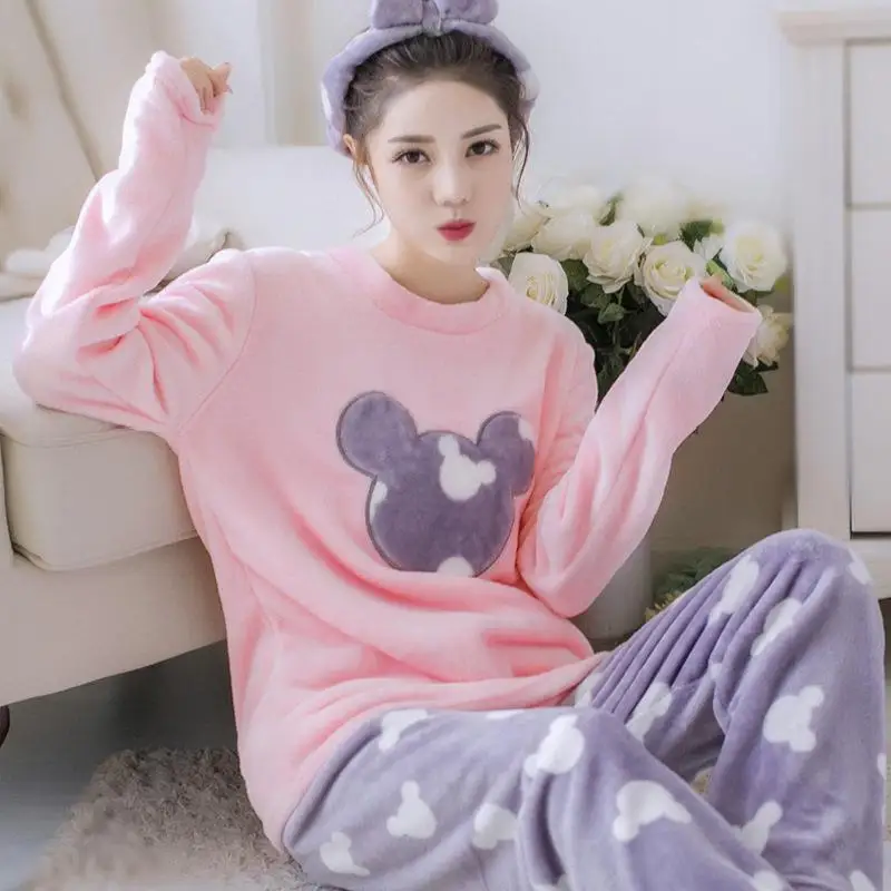 

Cartoon Coral Pajamas Set Winter Flannel Sleepwear Girl 2pcs Pijamas Suit Nightgown Long Sleeve Women Cute Shirt &Pant Sleep Set