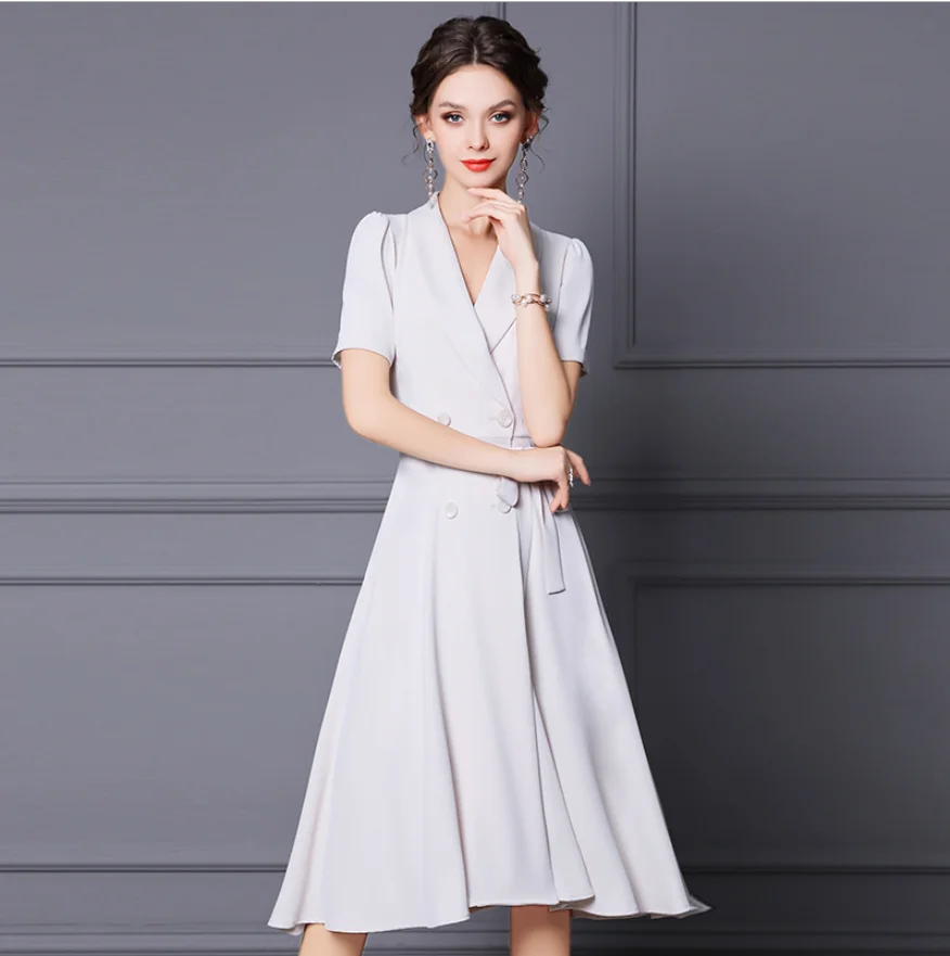 

Notched Woman Medium Apricot Puff Sleeve Dress Long Belt Slim Gentle Elegant A-Line Ladies Dresses OL Skirt In Summer And Spring