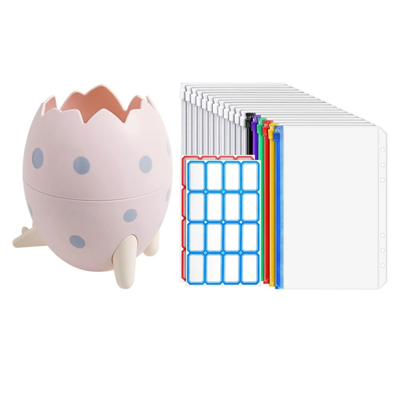 

1X Round Plastic Pen Holder Stand & 12X Transparent Bags, 6Zipper Binder Envelopes, For 6 Binder Notebook Cash Budget