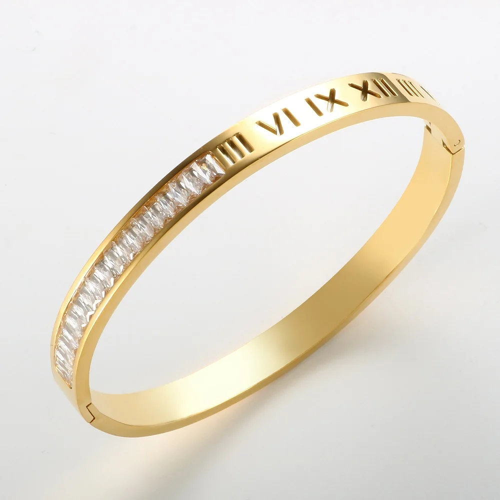 

Women Hollow Roman Numerals Bangles Fashion Rhinestone Stainless Steel Crystal Bracelets For Men Couple Jewelry Gifts
