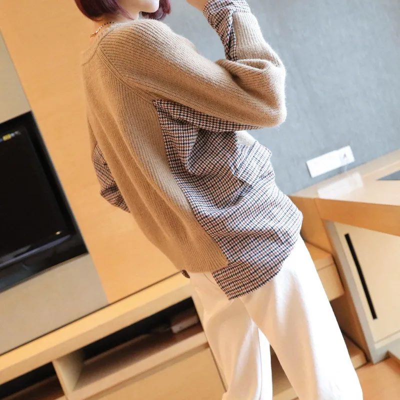 

TVVOVVIN Irregular Sweater 2021 New Women's Winter Thickened Long Sleeve O-neck Splicing Plaid Knitted Pullover Tops F096