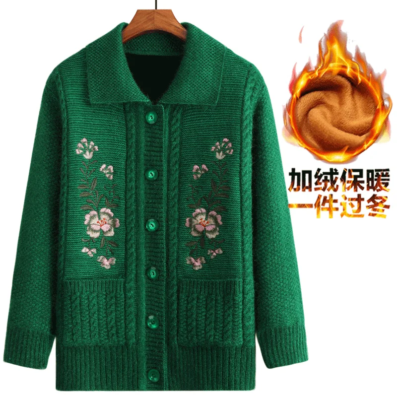 Elderly Women Knit Sweater Coats Large Size Winter Warm Plus Velvet Grandmother Loose Cardigans Casual Tops W1662 |