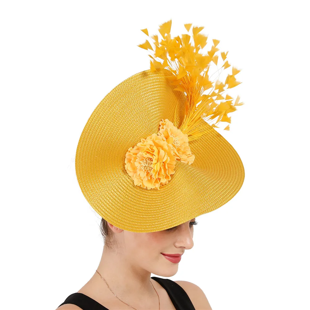 

Yellow Derby Tea Feather Big Fascinator Fedora Hats Bride Wedding Headwear Gorgeous Headpiece With Nice Flower Hair Accessories