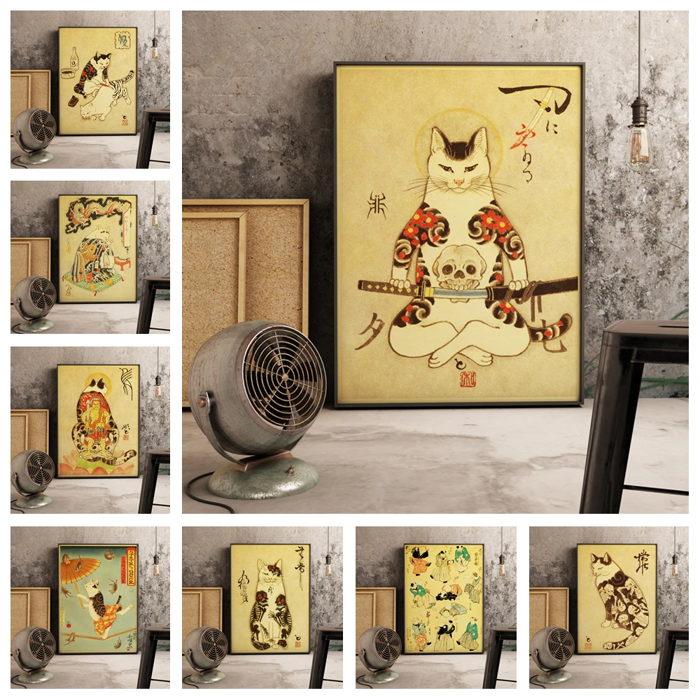

Wall Art Kids Room Decoration Pictures Aesthetic Home Decor Japan Floating Decoration Canvas Wall Poster Samurai Cat Retro Style