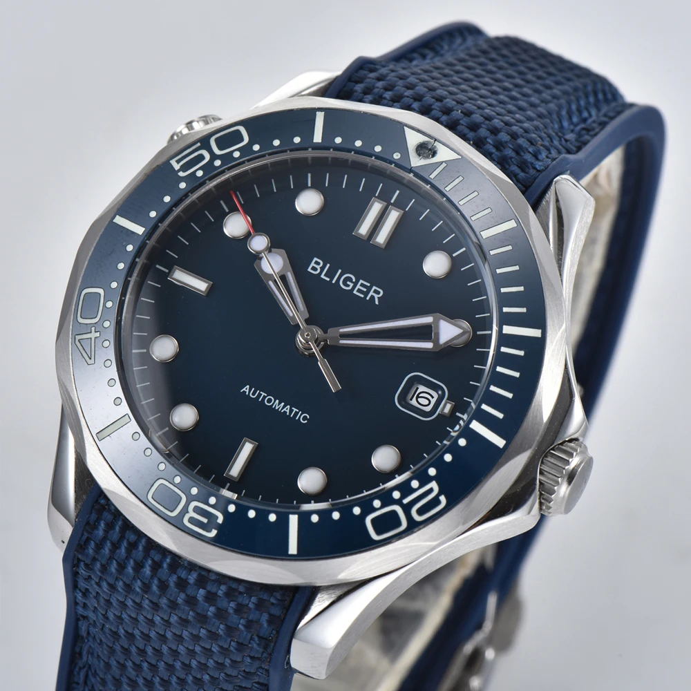 BLIGER41MM мужские спортивные часы с синим циферблатом синий ободок светящиеся