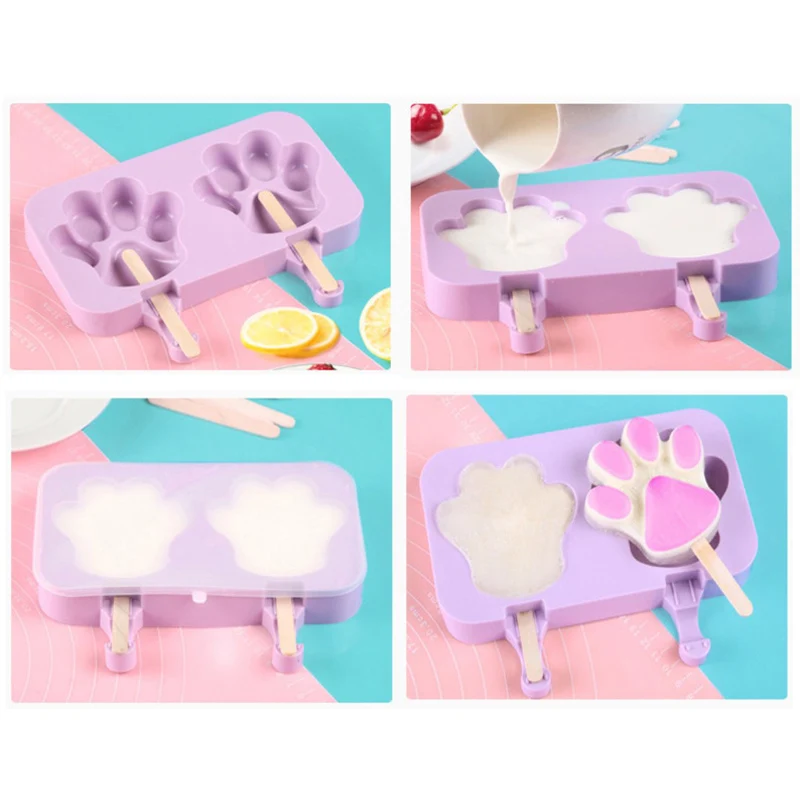 

New Silicone Mold With 50pcs Wooden Sticks Home DIY Popsicles Ice Cream Mold Cute Cartoon Mold With Lid Drop Shipping