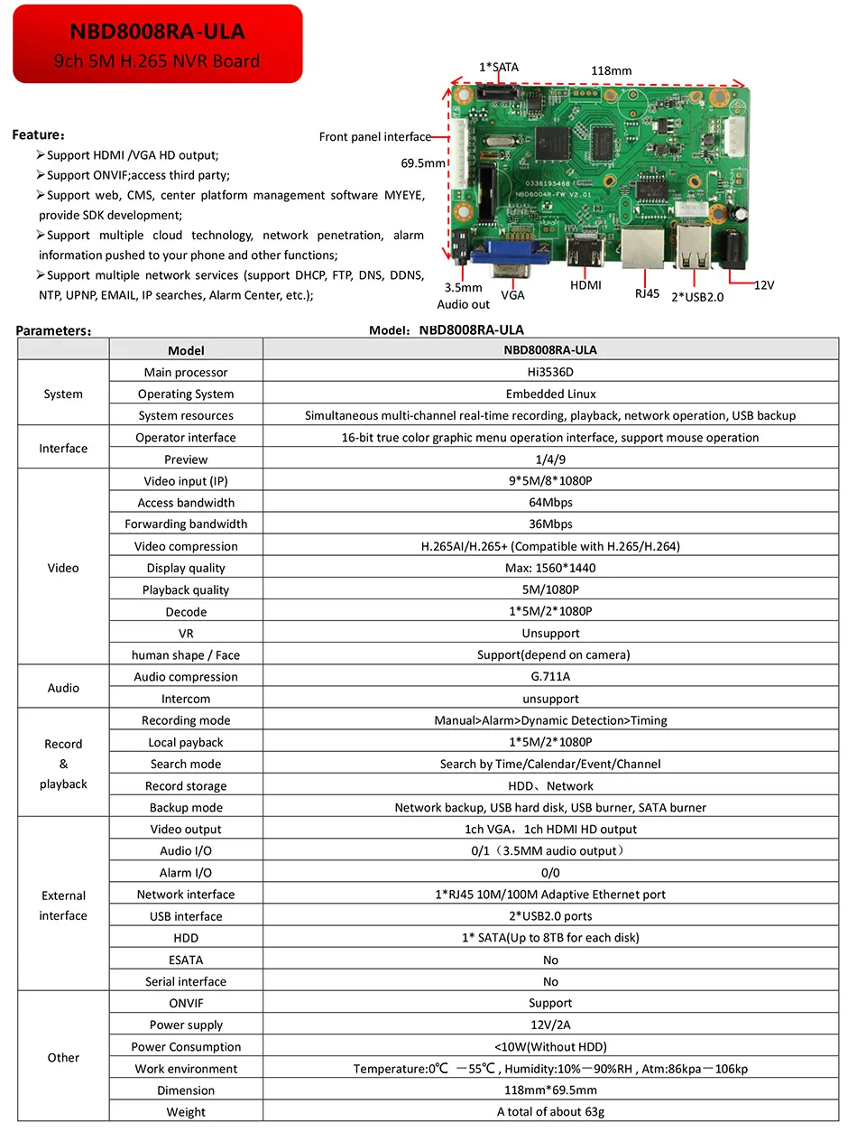 9ch* 5.0MP/8ch* 1080P H.265/H.264 NVR сеть Vidoe рекордер DVR плата ip-камера с SATA линии ONVIF CMS XMEYE 3,5 мм аудио выход