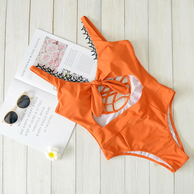 

2021 Summer New Ladies Wading Swimwear Sexy Bow Buckle Bikini One-piece Swimsuit Cross One-piece Solid Color Bikini Swimsuit