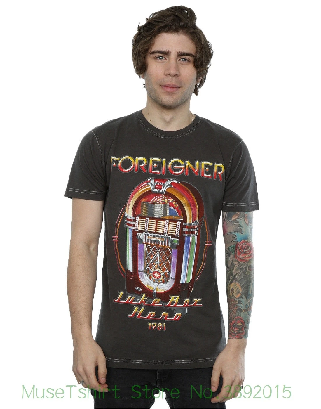 Aftershow Men Foreigner Juke Box T shirt Tee Shirt Tops Short Sleeve Cotton Fitness shirts| |