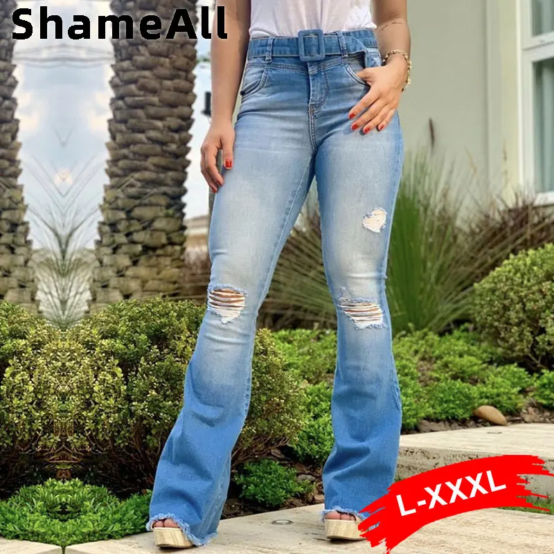 

Y2K Plus Size Low Rise Ripped Holes Flare Jeans Wrap Belt Retro Bell Bottoms Denim Pants Drawstring Street Indie Aesthetic Women