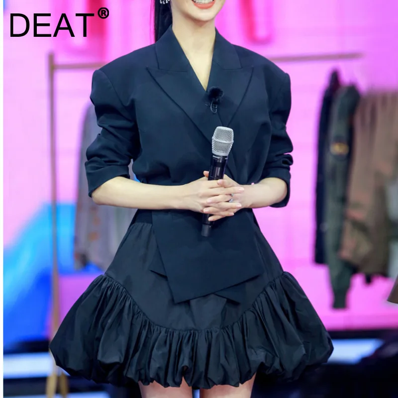 

Женский комплект из двух предметов DEAT, белый плиссированный пиджак с отложным воротником, длинными рукавами, поясом на талии и мини-юбка, 2021