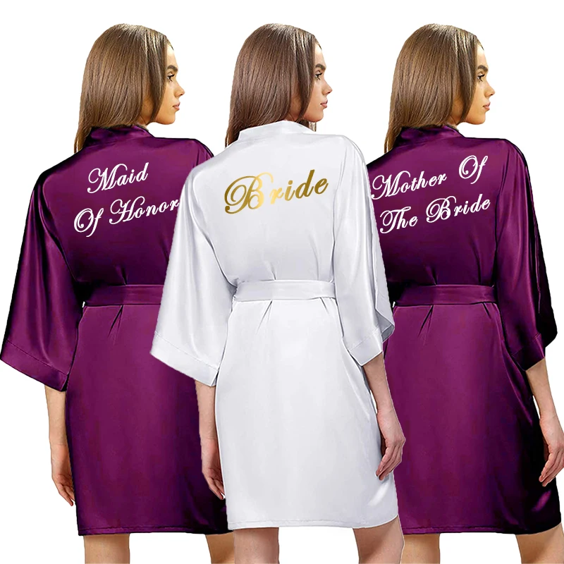 Purple Satin Robe Bride Bridesmaid Robes Rose Gold Dressing Robe for Women Short Bridal Robes Wedding Party Bathrobe Sleepwear