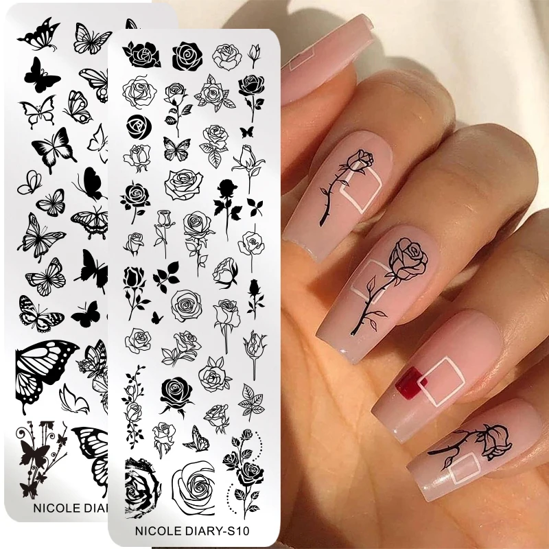 

NICOLE DIARY Rose Flower Vine Nail Stamping Plates Butterfly Design Stamp Templates French Nails DIY Printing Stencils Mold