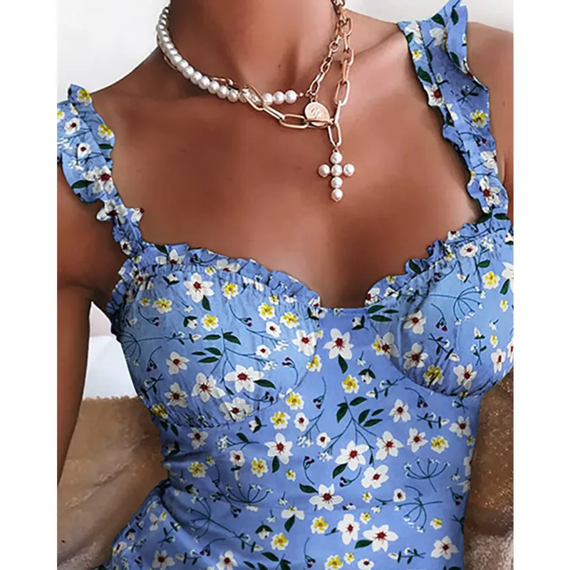 Лето 2020 Новое Женское богемное мини-платье с цветочным принтом и оборками без