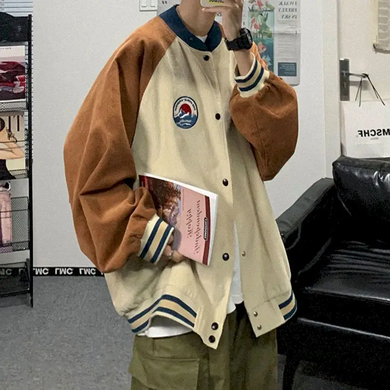 

Autumn baseball jacket men stitch cardigan jackets Korean baggy casual preppy women streetwear hip-hop fashion outerwear tops