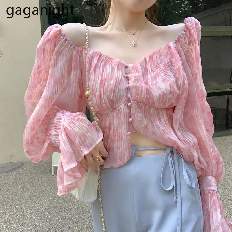 

Gaganight пикантная женская розовая блузка с открытыми плечами однобортная Милая рубашка для девочек с оборками женские демисезонные укорочен...