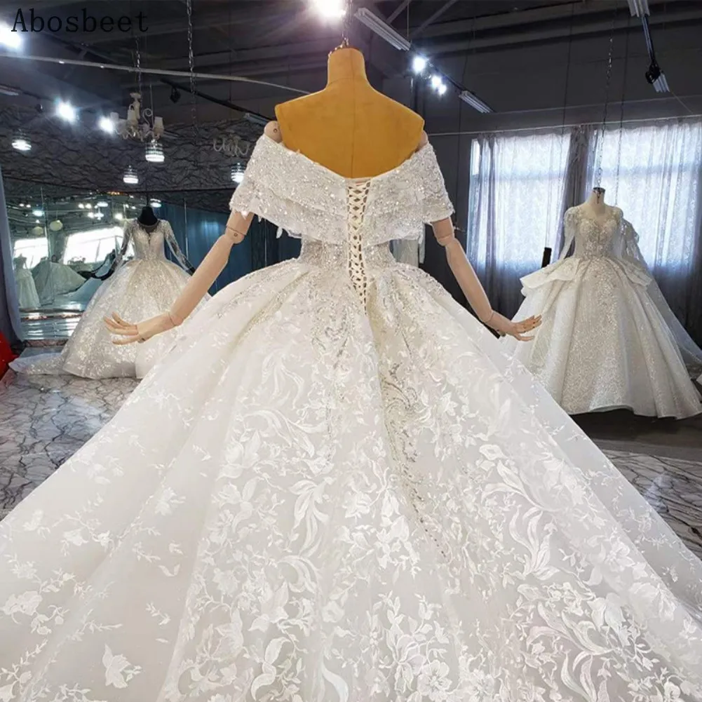 Off Shoulder Wedding Dress Lace with Cathedral Train Plus Size Wedding Gown 2021 Sweetheart Lace Up Back