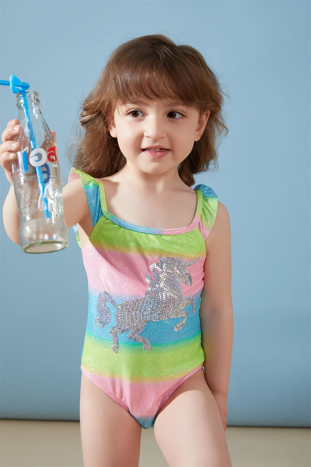 2021 г. единорог блестки Цельный купальник для маленьких девочек детский купальный
