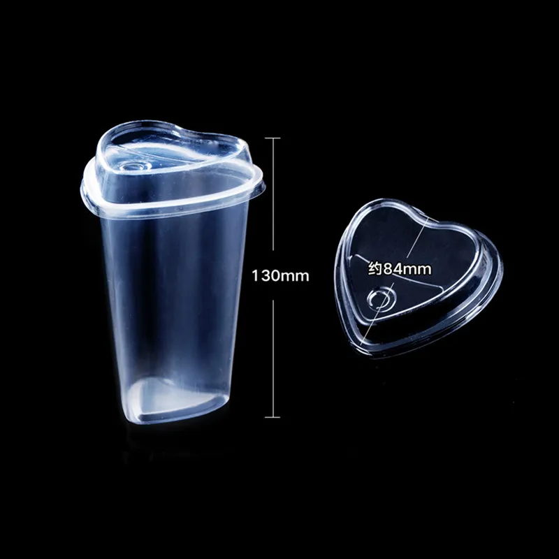 

50pcs Creative heart shaped cold drink juice plastic cups disposable cups party birthday wedding favor beverage cups with lid