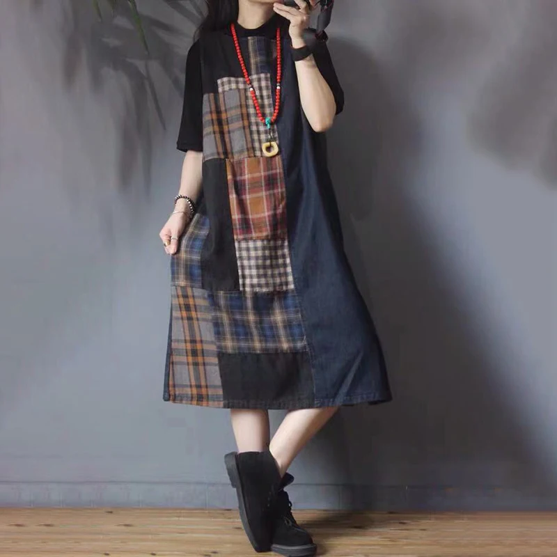 

IEQJ Women Vintage Casual Denim Pleated Plaid Contrast Color Vest Dress New O-neck Sleeveless Loose Fashion Summer 2021 3F0399