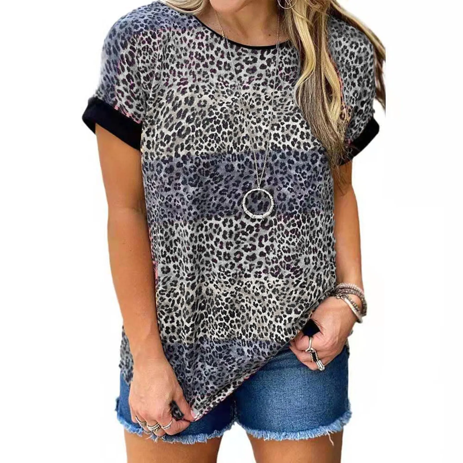 

Women's Tshirt Summer Ladies Casual Fashion Loose Round Neck Leopard Print Short Sleeve Tops Blouse Female Camisetas Mujer D9#